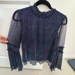VICI Sheer Metallic Ribbed Mock Neck Blouse - with Teal & Purple Shimmer